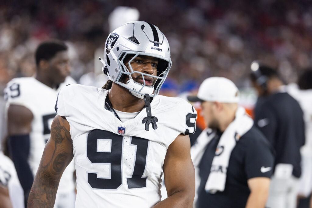 Aug 23, 2025; Glendale, Arizona, USA; Las Vegas Raiders defensive end Jahfari Harvey (91) against the Arizona Cardinals during a preseason NFL game at State Farm Stadium. Mandatory Credit: Mark J. Rebilas-Imagn Image