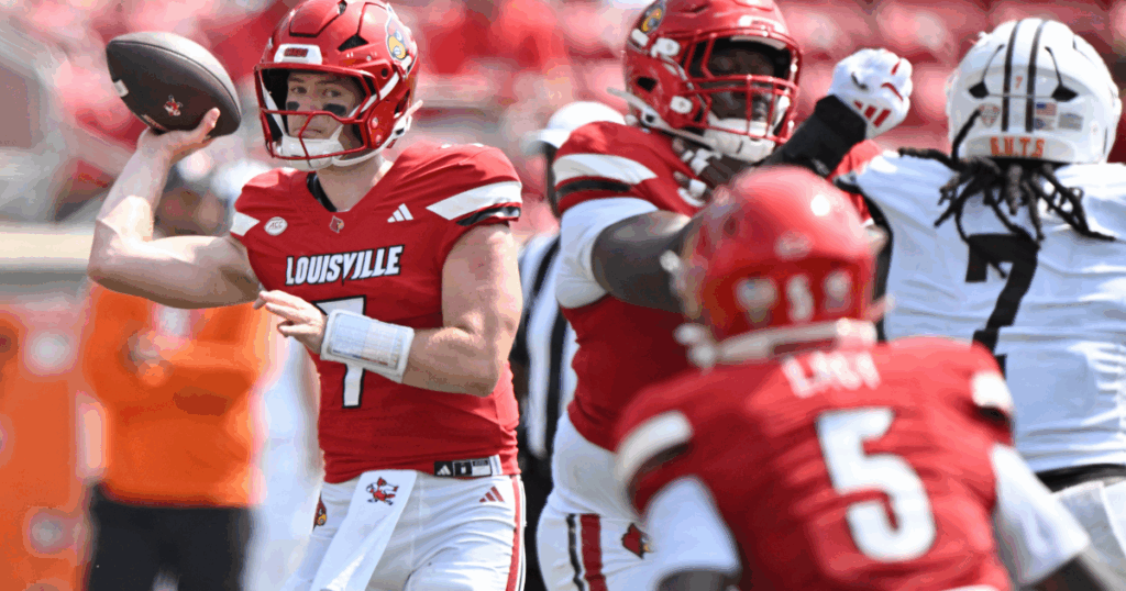 Sep 20, 2025; Louisville, Kentucky, USA; Louisville Cardinals quarterback Miller Moss (7) looks to pass against the Bowling Green Falcons during the second half at L&N Federal Credit Union Stadium. Louisville defeated Bowling Green 40-17. Mandatory Credit: Jamie Rhodes-Imagn Images