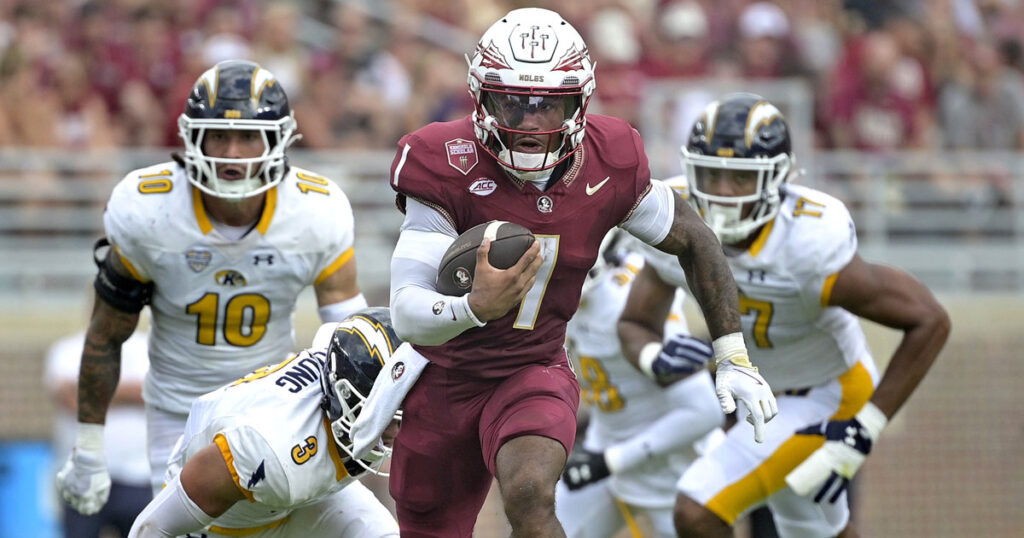 Florida State Seminoles quarterback Thomas Castellanos (1) runs the ball during the first half against the Kent State Golden Flashes at Doak S. Campbell Stadium. (Melina Myers-Imagn Images)