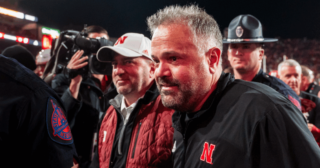 Nebraska football coach Matt Rhule (right) and Huskers AD Troy Dannen (left)
