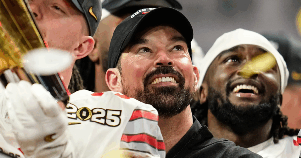 Ohio State Buckeyes head coach Ryan Day celebrates during the trophy ceremony following the 34-23 win over the Notre Dame Fighting Irish to win the College Football Playoff National Championship at Mercedes-Benz Stadium in Atlanta on Jan. 21, 2025.