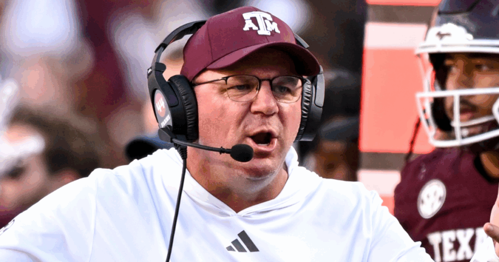 Sep 27, 2025; College Station, Texas, USA; Texas A&M Aggies head coach Mike Elko reacts during the third quarter against the Auburn Tigers at Kyle Field.