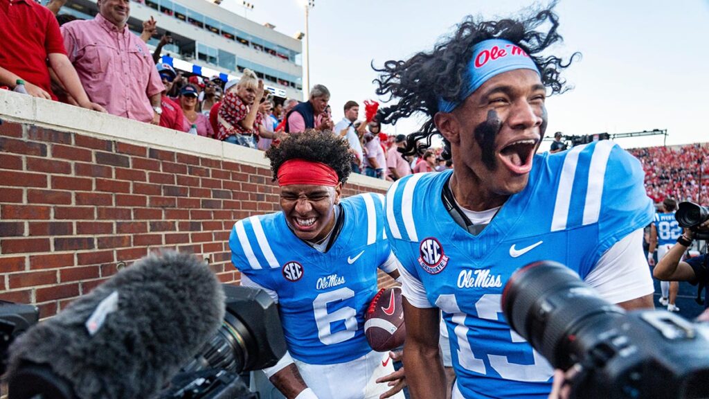 Ole Miss quarterbacks Trinidad Chambliss (6) and Austin Simmons (13). Mandatory credit: Ayrton Breckenridge/Clarion Ledger / USA TODAY NETWORK via Imagn Images