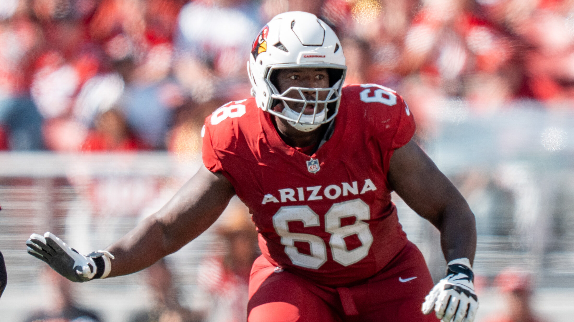 September 21, 2025; Santa Clara, California, USA; Arizona Cardinals offensive tackle Kelvin Beachum (68) during the third quarter against the San Francisco 49ers at Levi's Stadium. Mandatory Credit: Kyle Terada-Imagn Images
