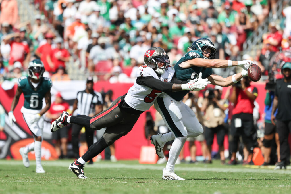 Sep 28, 2025; Tampa, Florida, USA; Tampa Bay Buccaneers outside linebacker Haason Reddick (5) breaks up a pass intended for Philadelphia Eagles tight end Grant Calcaterra (81) during the second half at Raymond James Stadium. Mandatory Credit: Kim Klement Neitzel-Imagn Images
