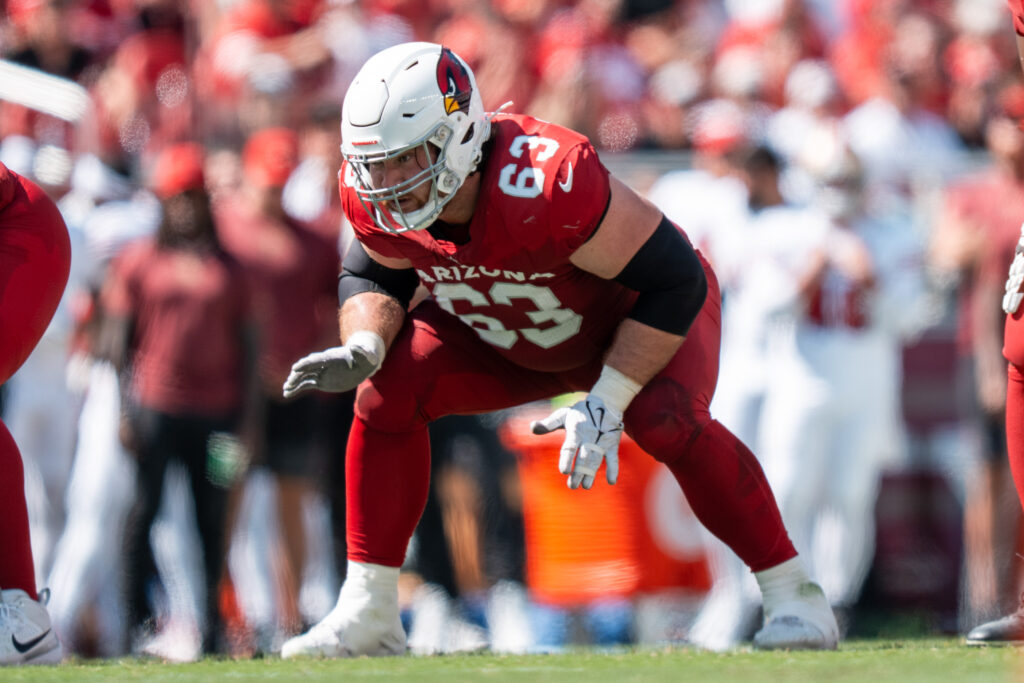 September 21, 2025; Santa Clara, California, USA; Arizona Cardinals guard Evan Brown (63) during the second quarter against the San Francisco 49ers at Levi's Stadium. Mandatory Credit: Kyle Terada-Imagn Images