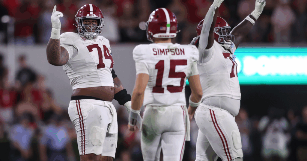 Alabama OL Kadyn Proctor and QB Ty Simpson (Brett Davis / Imagn Images)