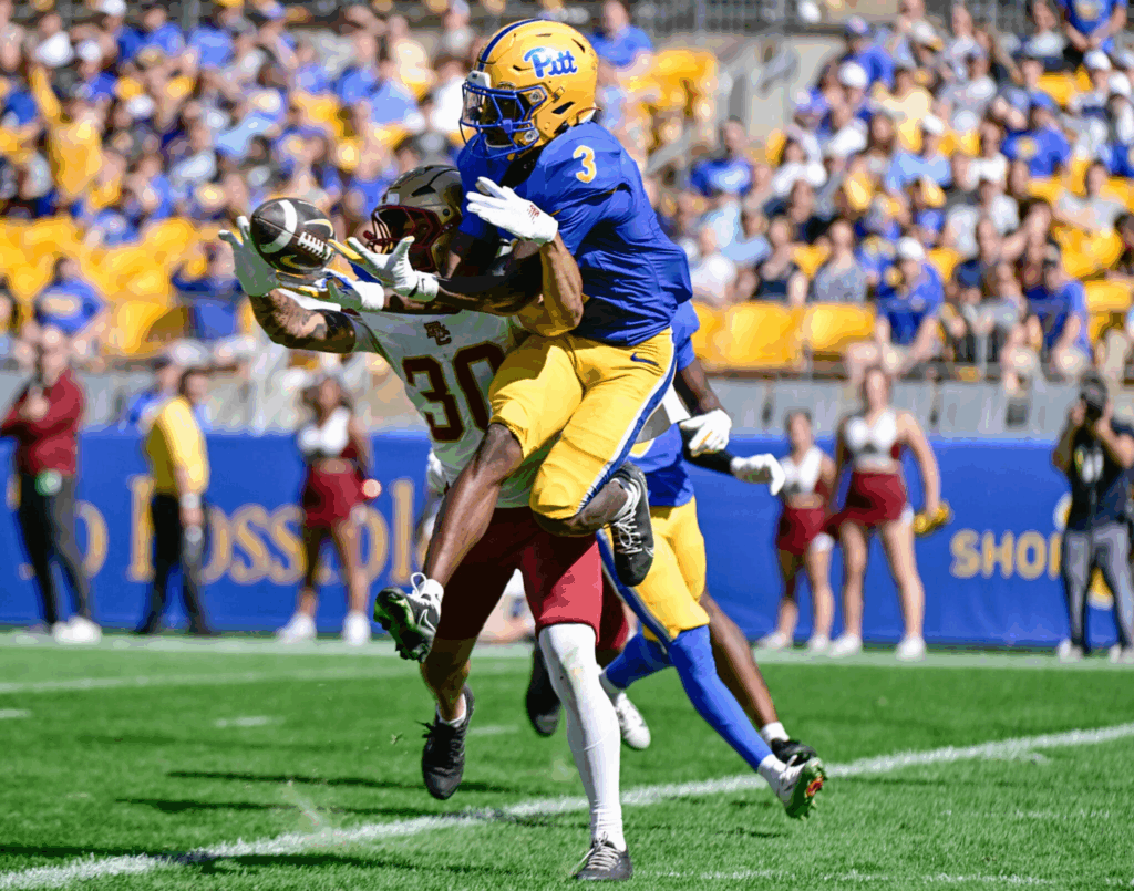 Pitt wide receiver Cataurus Hicks attempts to make a catch against Boston College. Oct. 4, 2025 - Ed Thompson / PSN