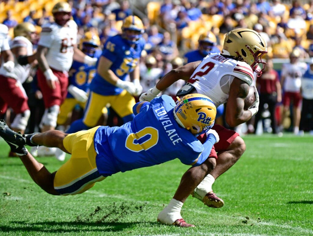 Pitt linebacker Braylan Lovelace tackles Boston College running back Turbo Richard. Oct. 4, 2025 - Ed Thompson / PSN