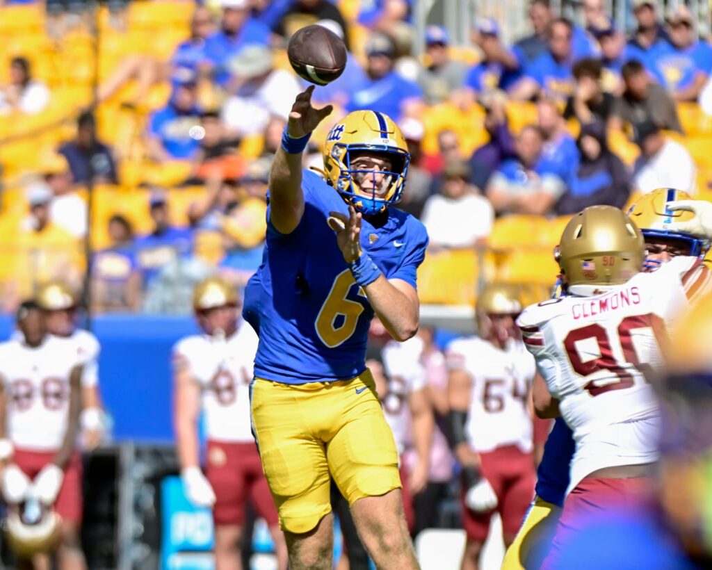 Quarterback Mason Heintschel releases a pass vs. Boston College. Oct. 4, 2025 - Ed Thompson / PSN