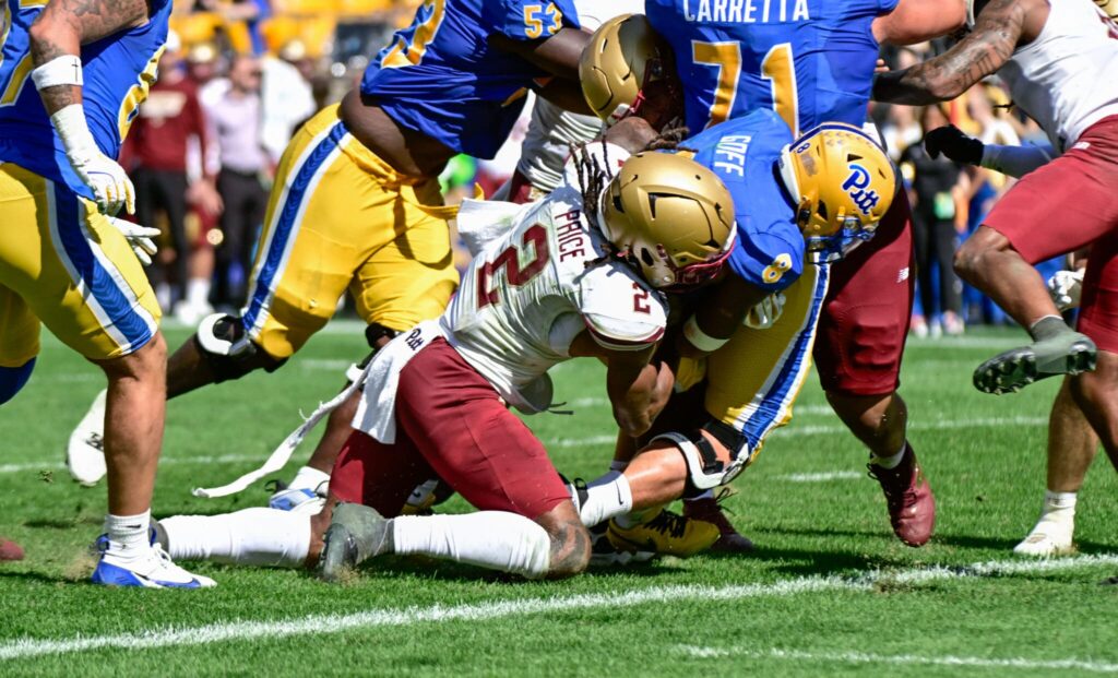 Pitt running back Juelz Goff (8) nears the goal line for a touchdown at Acrisure Stadium. Oct. 4, 2025 - Ed Thompson / PSN