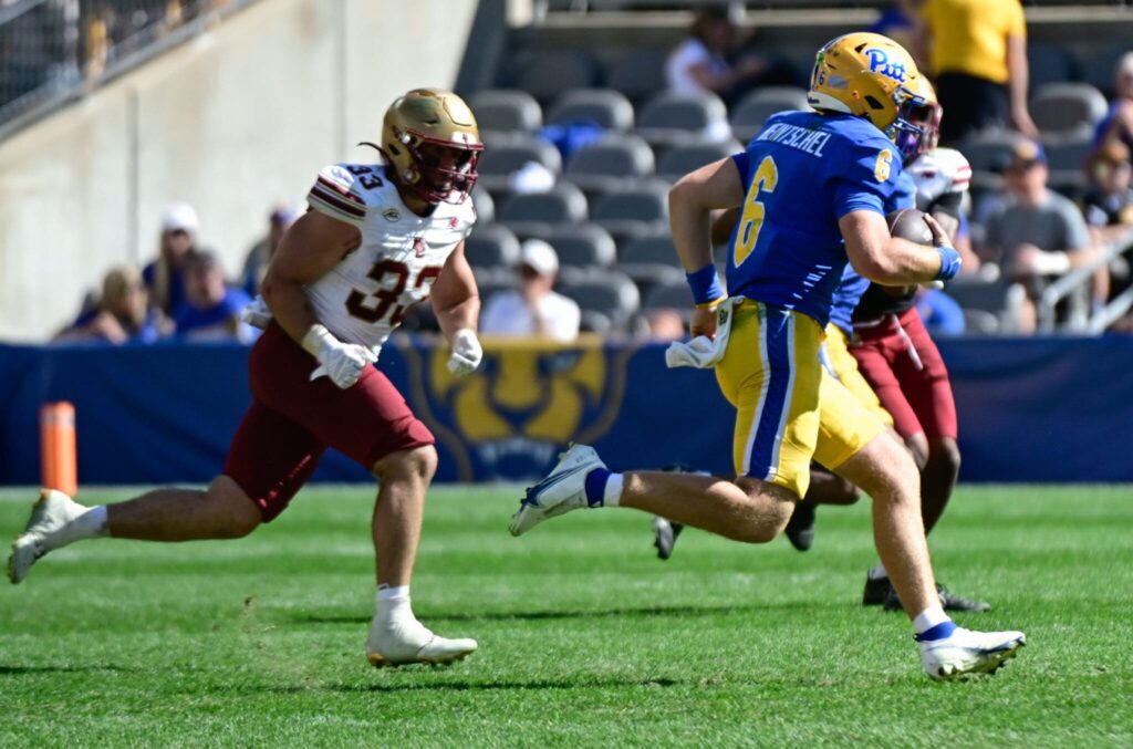 Quarterback Mason Heintschel scrambles against Boston College. Oct. 4, 2025 - Ed Thompson / PSN