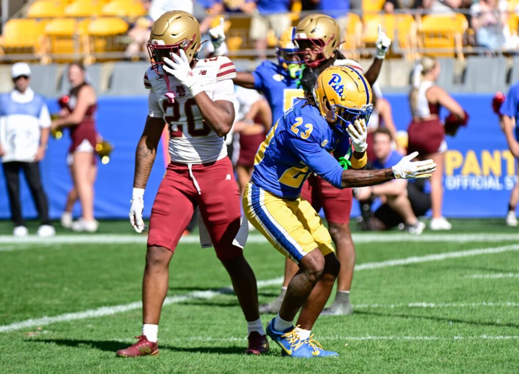 Pitt wide receiver Zion Fowler-El celebrates first-career touchdown. Oct. 4, 2025 - Ed Thompson / PSN
