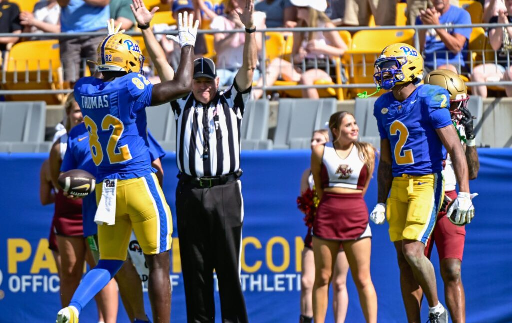 Wide receiver Kenny Johnson (2) celebrates a touchdown with Malachi Thomas (82) at Acrisure Stadium. Oct. 4, 2025 - Ed Thompson / PSN
