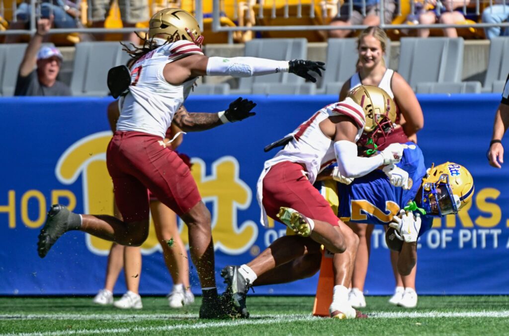 Pitt wide receiver Kenny Johnson dives for the pylon against Boston College. Oct. 4, 2025 - Ed Thompson / PSN