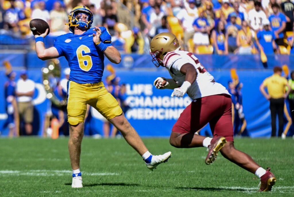 Pitt freshman quarterback Mason Heintschel winds up for a pass in first start. Oct. 4, 2025 - Ed Thompson / PSN