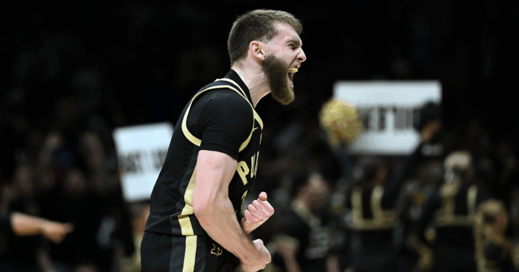 Mar 28, 2025; Indianapolis, IN, USA; Purdue Boilermakers guard Braden Smith (3) reacts against Houston Cougars forward Joseph Tugler (11) in the second half during a Midwest Regional semifinal of the 2025 NCAA tournament at Lucas Oil Stadium. Mandatory Credit: Robert Goddin-Imagn Images