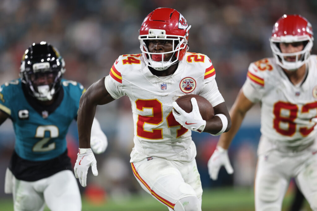 Oct 6, 2025; Jacksonville, Florida, USA; Kansas City Chiefs running back Brashard Smith (24) runs during the second half against the Jacksonville Jaguars at EverBank Stadium. Mandatory Credit: Morgan Tencza-Imagn Images