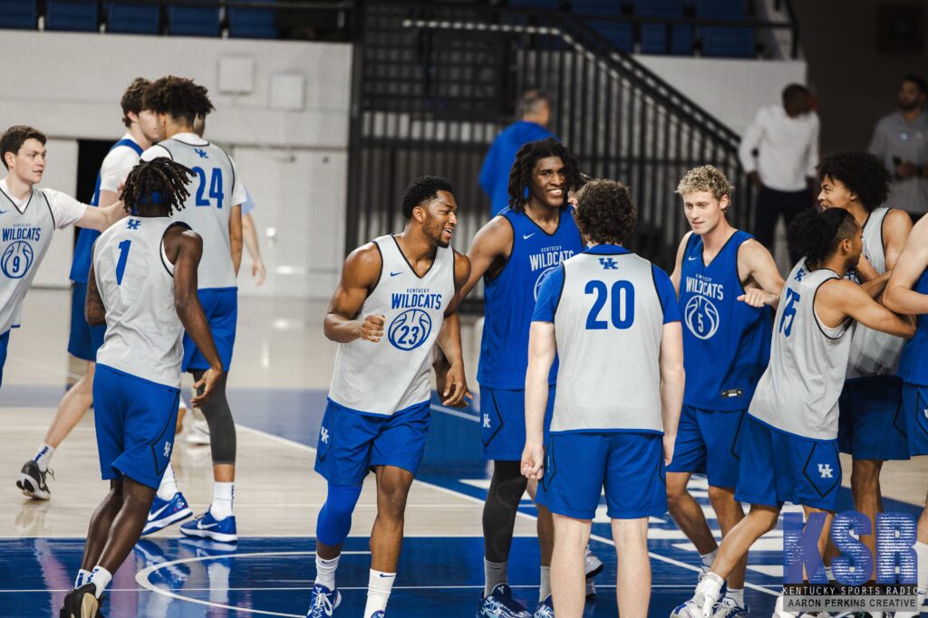 The Kentucky Basketball team talks during practice - Aaron Perkins, Kentucky Sports Radio