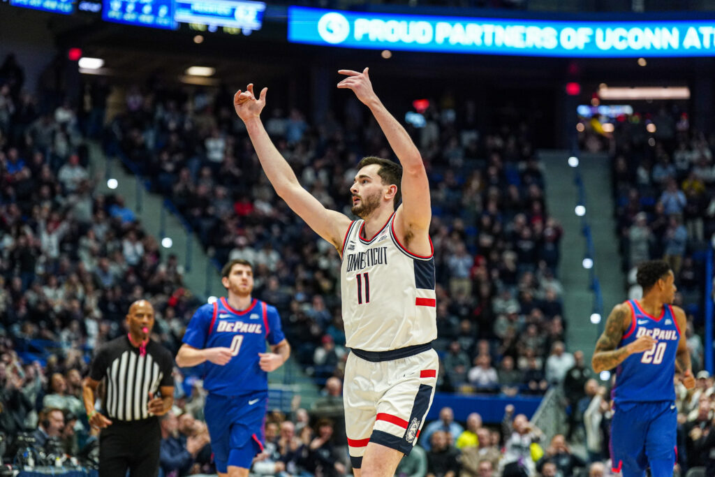 Jan 29, 2025; Hartford, Connecticut, USA; UConn Huskies forward Alex Karaban (11) reacts with the crowd after a play against the DePaul Blue Demons in the second half at XL Center. Mandatory Credit: David Butler II-Imagn Images