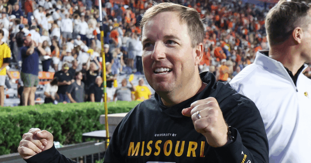Oct 18, 2025; Auburn, Alabama, USA; Missouri Tigers head coach Eli Drinkwitz celebrates after his team beat the Auburn Tigers in overtime at Jordan-Hare Stadium.