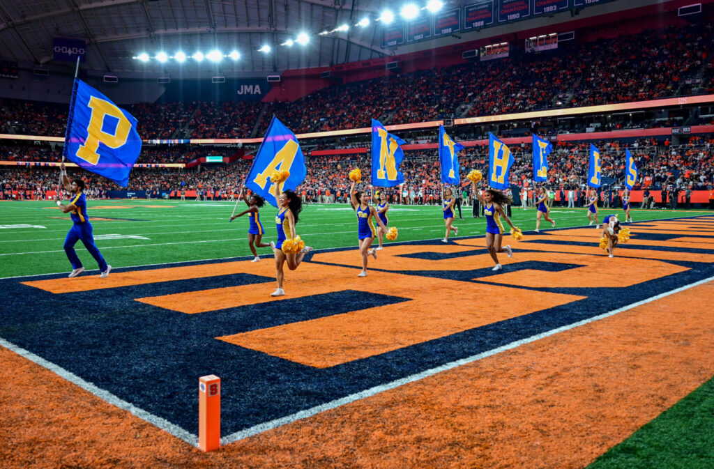 Pitt cheer celebrates a touchdown at the JMA Wireless Dome. Oct. 18, 2025 - Ed Thompson / PSN