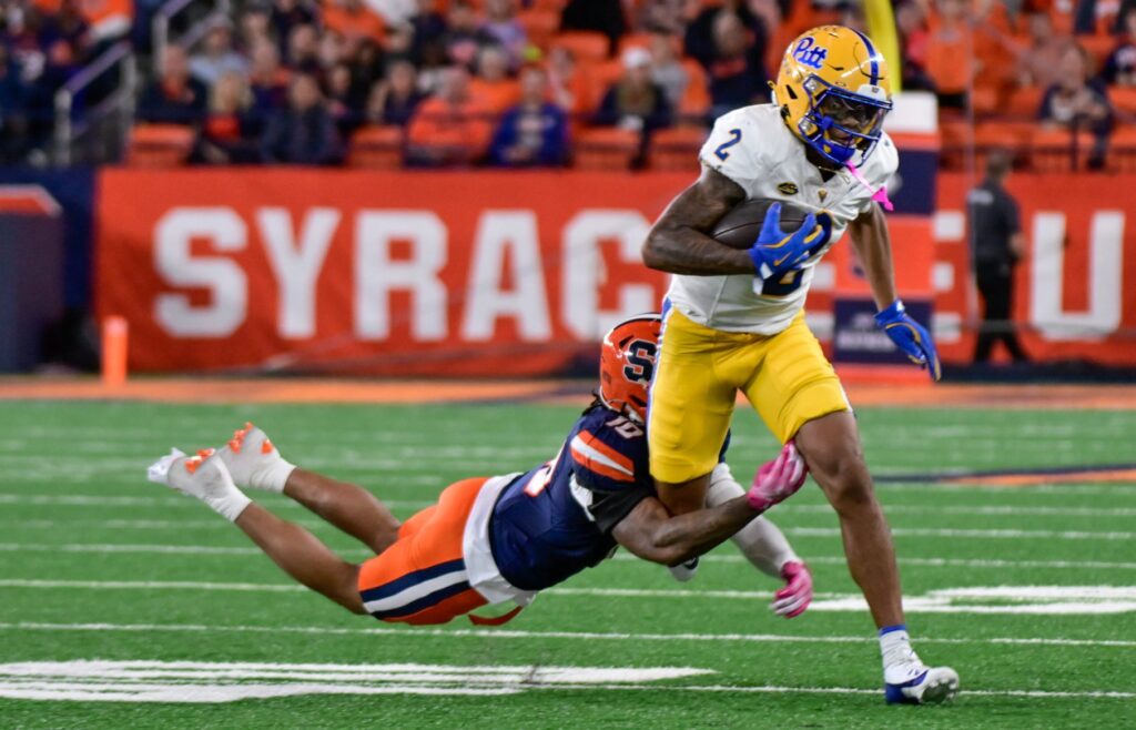 Pitt wide receiver Kenny Johnson attempts to break a tackle against Syracuse. Oct. 18, 2025 - Ed Thompson / PSN