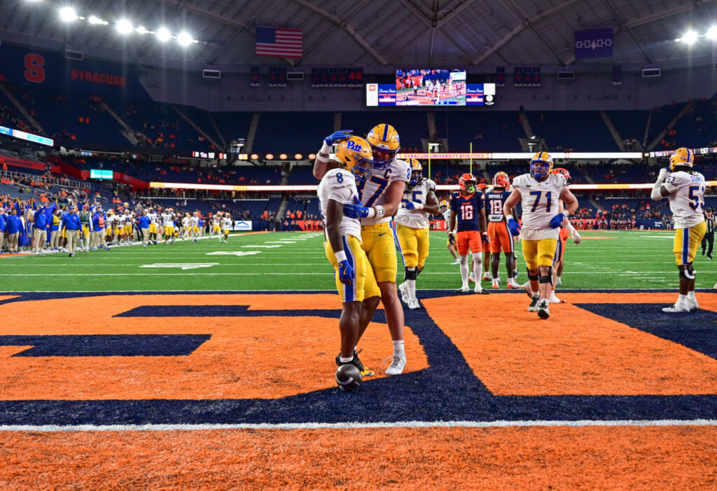Jake Overman (87) celebrates with Juelz Goff (8) after a touchdown run against Syracuse. Oct. 18, 2025 - Ed Thompson / PSN