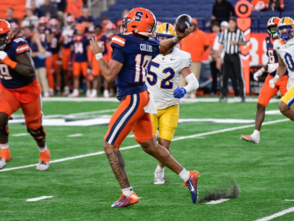 Syracuse quarterback Rickie Collins prepares to throw downfield against the Panthers. Oct. 18, 2025 - Ed Thompson / PSN