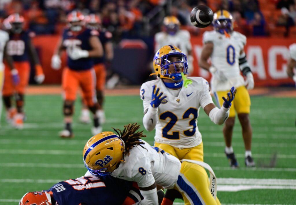 Pitt safety Kavir Bains-Marquez (23) awaits a tipped-ball interception. Oct. 18, 2025 - Ed Thompson / PSN