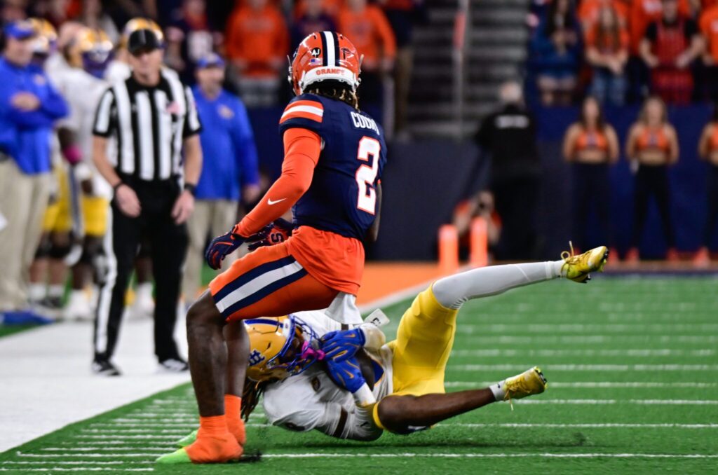 Pitt cornerback Tamon Lynum secures an interception while falling to the ground. Oct. 18, 2025 - Ed Thompson / PSN