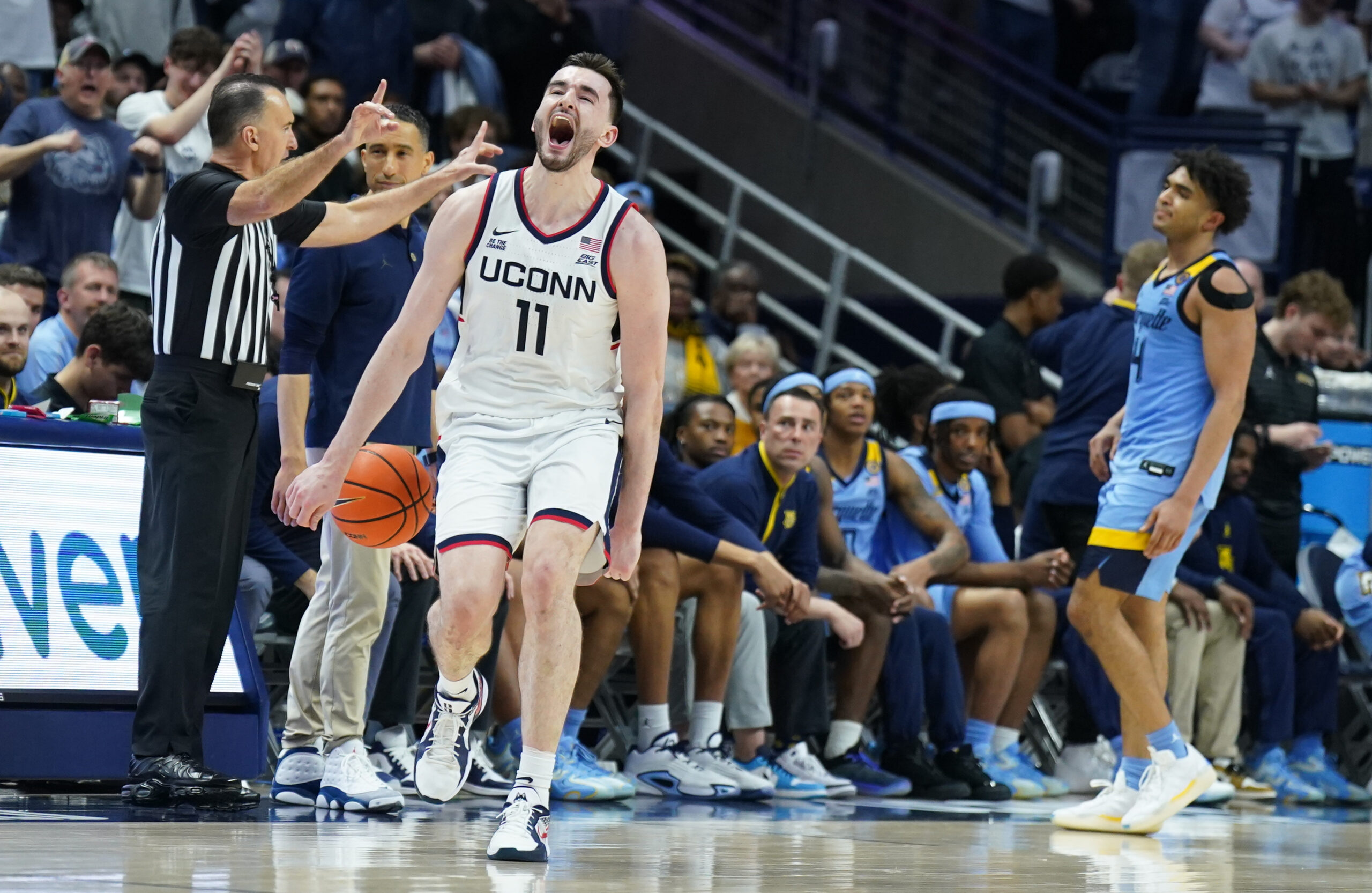 Mar 5, 2025; Storrs, Connecticut, USA; UConn Huskies forward Alex Karaban (11) reacts after defeating the Marquette Golden Eagles at Harry A. Gampel Pavilion. Mandatory Credit: David Butler II-Imagn Images