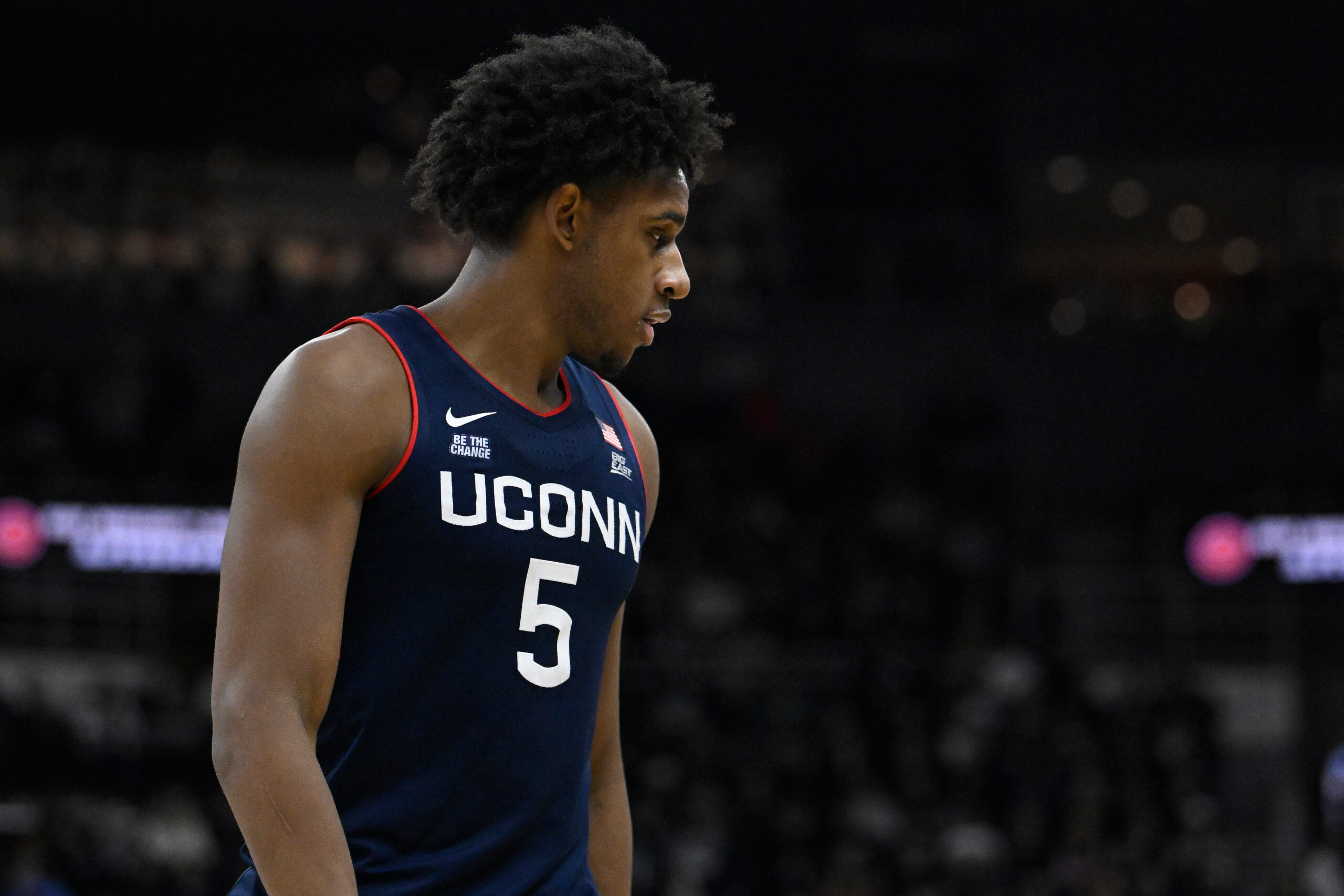Mar 1, 2025; Providence, Rhode Island, USA; Connecticut Huskies center Tarris Reed Jr. (5) looks back during the second half against the Providence Friars at Amica Mutual Pavilion. Mandatory Credit: Eric Canha-Imagn Images