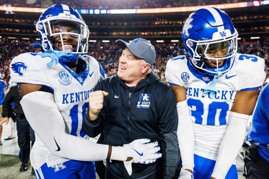 Mark Stoops celebrates Kentucky's win at Auburn - Photo by UK Athletics