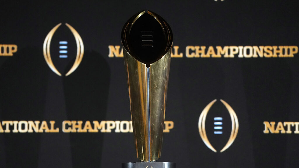 College Football Playoff National Championship trophy. Mandatory credit: Kirby Lee-Imagn Images