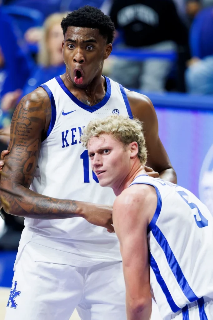 Collin Chandler and Brandon Garrison after Chandler's dunk vs. Nicholls - Photo by Grace Smith, UK Athletics