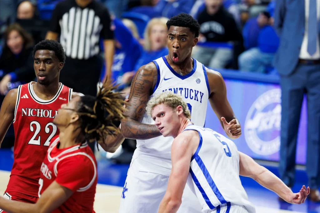 Collin Chandler and Brandon Garrison after Chandler's dunk vs. Nicholls - Photo by Grace Smith, UK Athletics