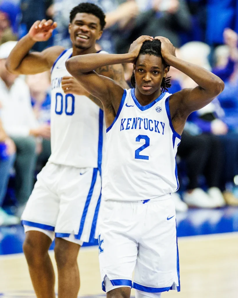 Otega Oweh and Jasper Johnson after Collin Chandler's dunk vs. Nicholls - Photo by Tommy Quarles, UK Athletics