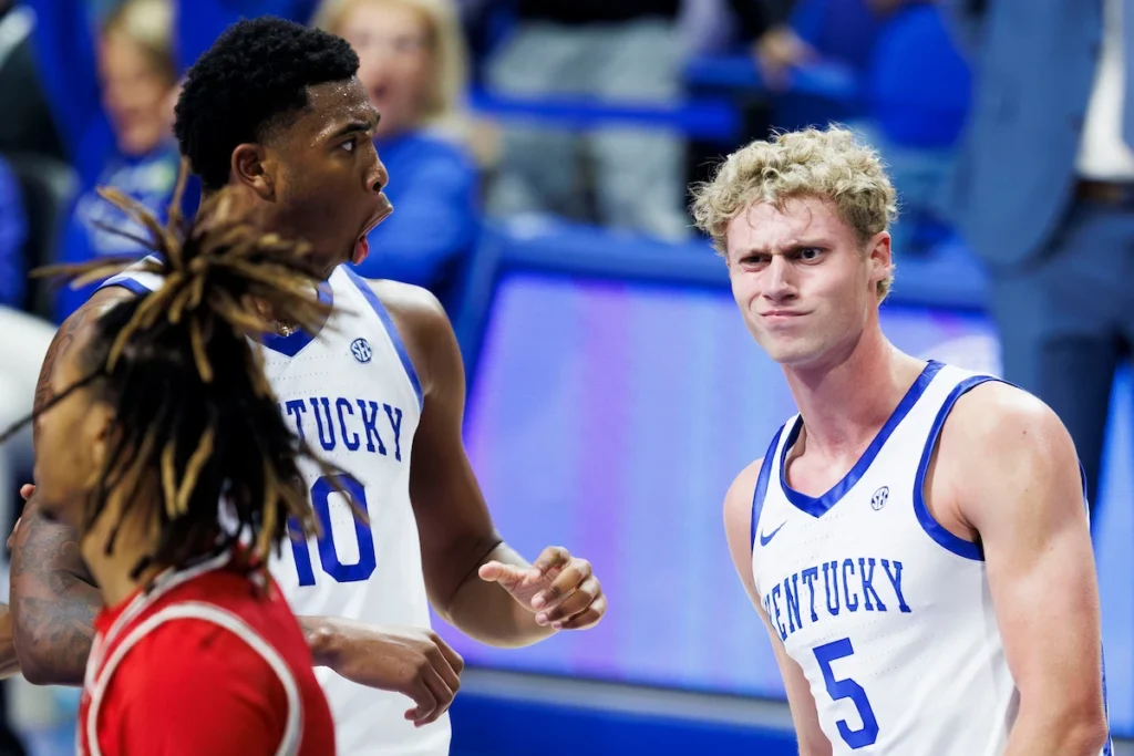 Collin Chandler and Brandon Garrison after Chandler's dunk vs. Nicholls - Photo by Grace Smith, UK Athletics