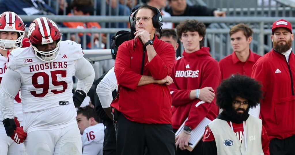 Indiana Hoosiers head coach Curt Cignetti looks on from the sideline during the fourth quarter against the Penn State Nittany Lions at Beaver Stadium. (Mandatory Credit: Matthew O'Haren-Imagn Images)