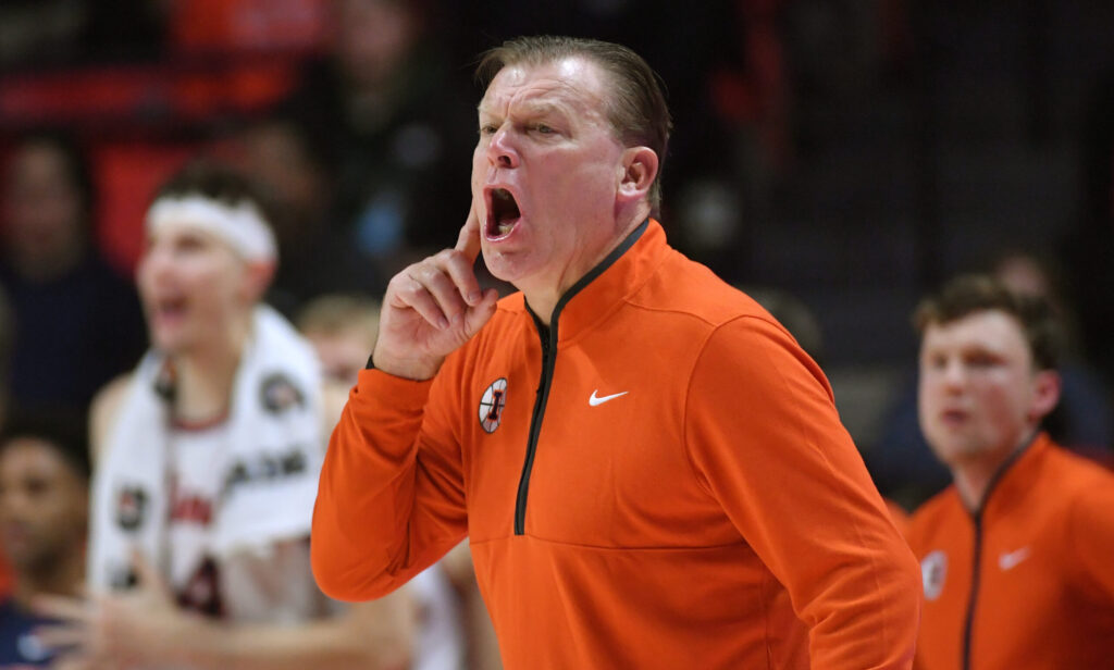 Nov 11, 2025; Champaign, Illinois, USA; Illinois Fighting Illini head coach Brad Underwood reacts during the second half against the Texas Tech Red Raiders at State Farm Center. Mandatory Credit: Ron Johnson-Imagn Images