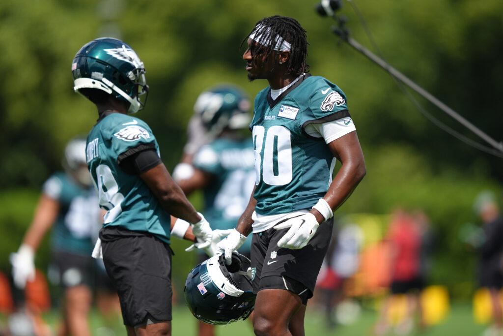 Jun 10, 2025; Philadelphia, PA, USA; Philadelphia Eagles wide receiver Danny Gray (80) looks on during a practice drill at NovaCare Complex. Mandatory Credit: Kyle Ross-Imagn Images