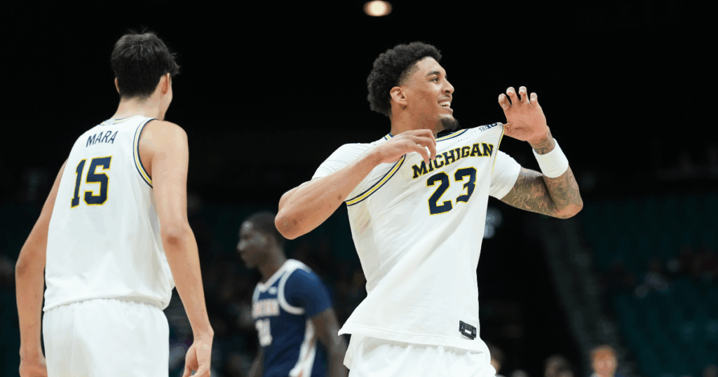 Michigan Wolverines basketball graduate forward Yaxel Lendeborg helped his team to a win over Gonzaga. (Photo by Kirby Lee-Imagn Images)