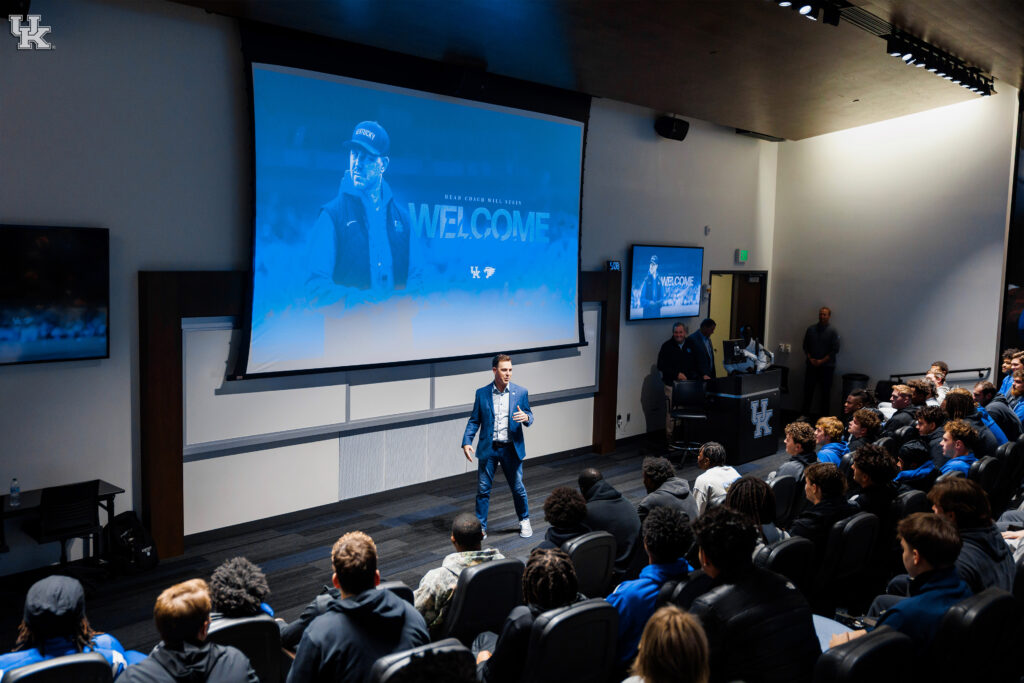 Will Stein addresses the Kentucky Football team during a meeting on Dec. 2, 2025 - UK Athletics