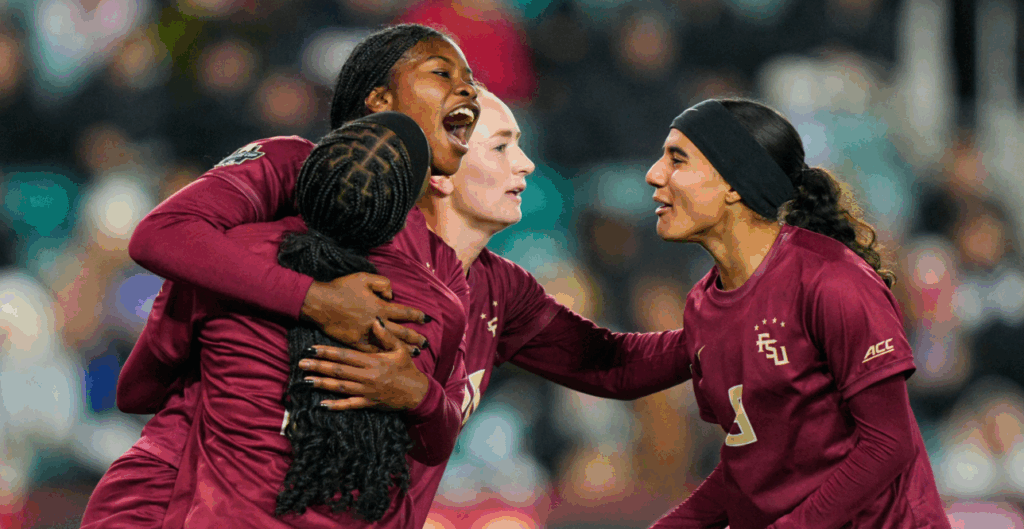Florida State Seminoles forward Wrianna Hudson (42) celebrates with teammates after scoring a goal during the second half against the Texas Christian University Horned Frogs in a 2025 NCAA Women’s College Cup semifinal match at CPKC Stadium. (Jay Biggerstaff-Imagn Images)