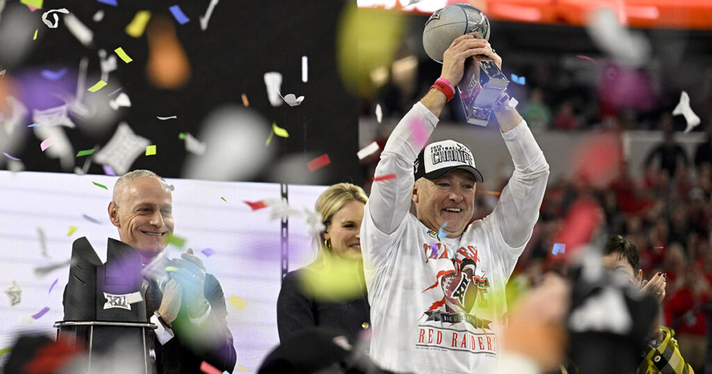 Texas Tech coach Joey McGuire celebrates the Big 12 Championship