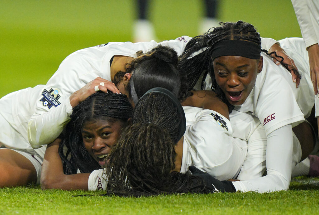 Florida State Seminoles forward Wrianna Hudson (42) celebrates with teammates after scoring a goal during the second half against the Stanford Cardinal in the 2025 NCAA Women’s Soccer College Cup Championship at CPKC Stadium. (Jay Biggerstaff-Imagn Images)