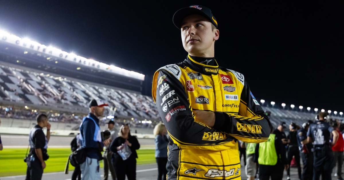Christopher Bell reacts to getting run over by Carson Hocevar in overtime at Atlanta